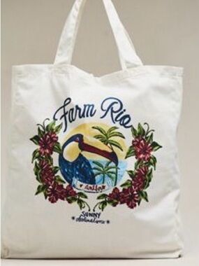 FARM Rio White Canvas Tote with Colorful Toucan and Floral Wreath